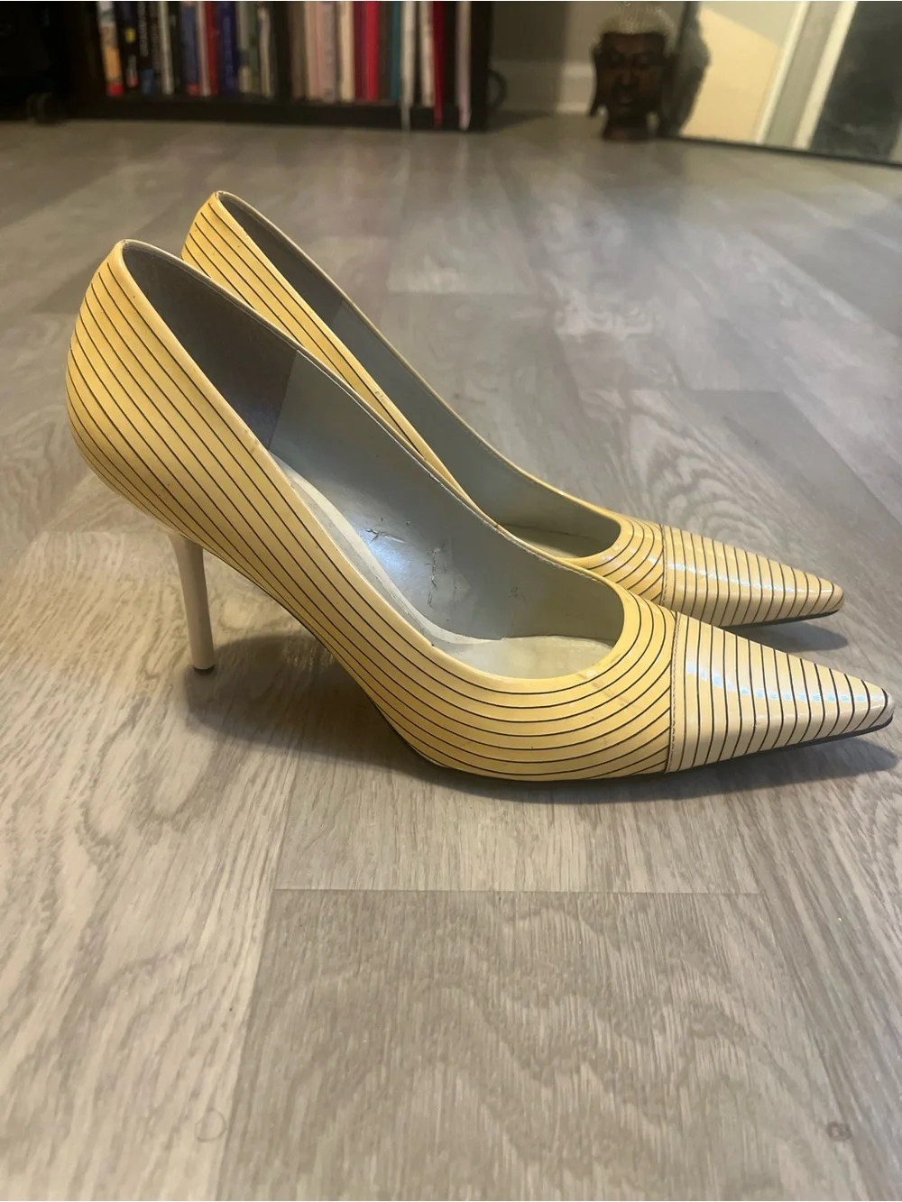 BCBGirls Yellow and Black Striped Pointed Toe Pumps Y2K